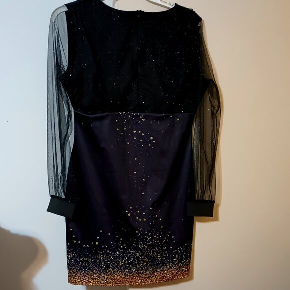 EUC ~ Women's Sheer Long Sleeve Bodycon Dress, Holiday Golden Sparkly Print - Picture 1 of 5